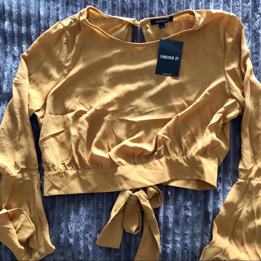 F21 Mustard Crop Top with Flare Sleeves Open Back